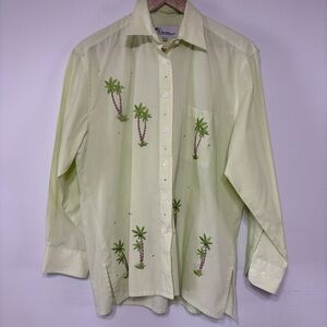 Mili Designs Lime Green Striped Embroidered Palm Tree Button Down Shirt Size M